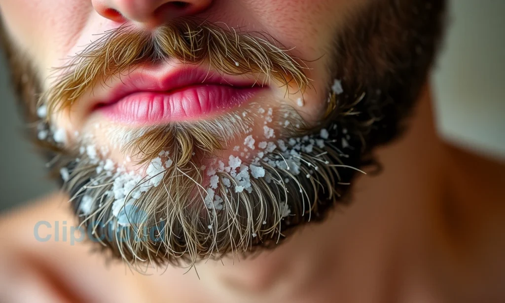 A close-up of a man's face showing dry, flaky skin under the beard after a shower, with visible white flakes on the skin beneath facial hair, soft natural lighting, realistic skin texture, no text or symbols