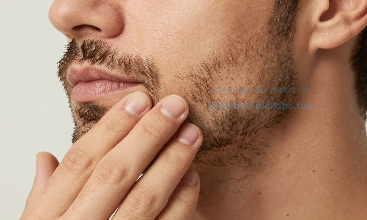 A close-up of a well-groomed man's beard with a few drops of beard oil being gently applied using fingertips, soft natural lighting, subtle skin texture visible, no text or labels, realistic skin and hair detail, calm and clean aesthetic