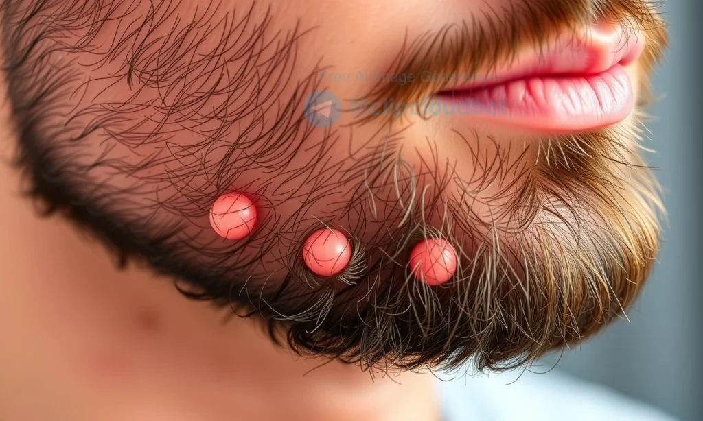 A close-up illustration of a man's beard with visible ingrown hairs causing small red bumps and inflammation, showing subtle skin irritation and hair follicles trapped beneath the skin surface, soft natural lighting, realistic skin texture, no text or symbols