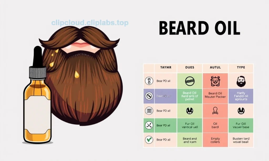 A stylized illustration of a beard with a glossy, oily sheen, a bottle of beard oil, and a visual comparison chart of different beard oil types represented by icons and color-coded sections, all in a clean, modern style, no text