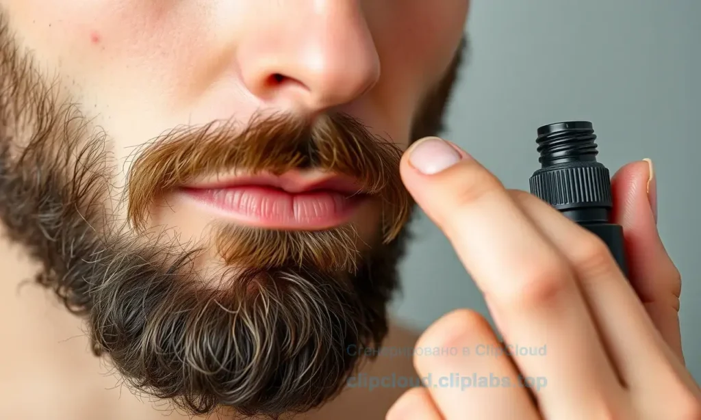 A close-up of a man's face with a well-groomed beard, showing subtle acne-prone skin underneath, gently applying beard oil with fingertips in a soft, natural light setting. The beard is neatly trimmed, the skin appears calm and hydrated, with no visible irritation or redness. The background is blurred and neutral, focusing attention on the beard and skin texture. No text, labels, or logos are present.