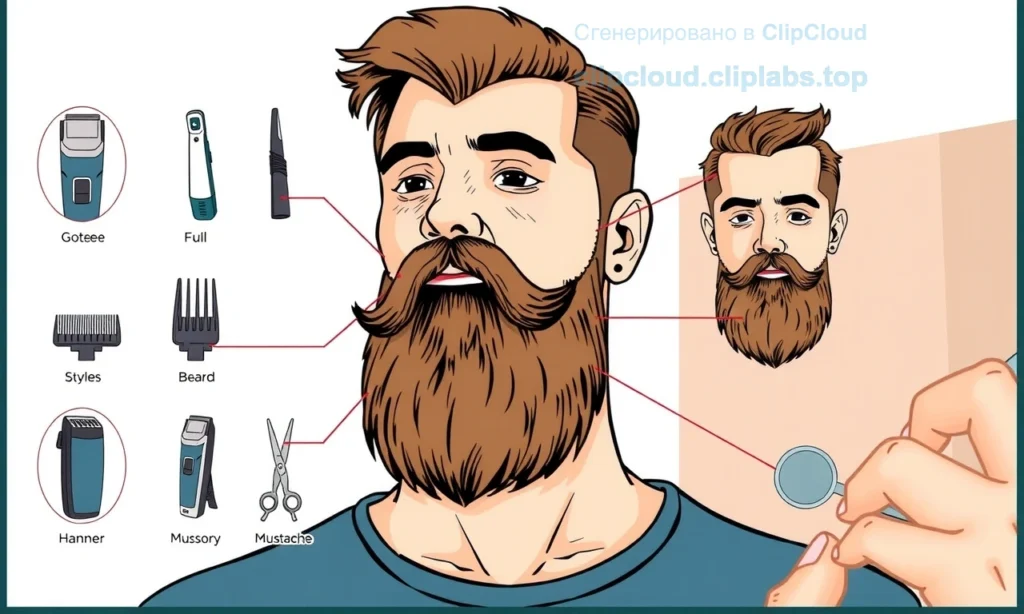 A detailed illustration of a man with a downward-growing beard, showcasing various techniques and tools used to shape and style it. The image should include visual examples of different beard styles, such as a goatee, a full beard, and a mustache, along with the tools like beard trimmers, scissors, and combs. The man should be depicted in a well-lit setting, possibly in front of a mirror, to highlight the grooming process.
