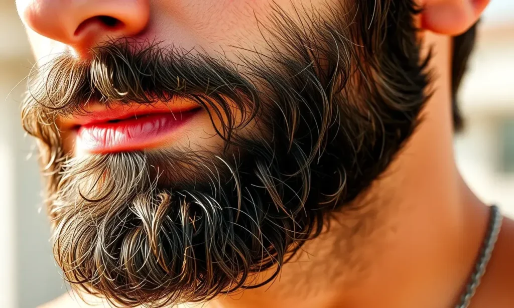 A close-up of a well-groomed beard on a man's face in hot summer weather, showing clean, moisturized facial hair with subtle droplets of sweat being repelled by a light beard oil, soft natural sunlight highlighting the texture, no visible odor lines or symbols, realistic skin and hair detail, warm but not harsh lighting, focus on hygiene and freshness
