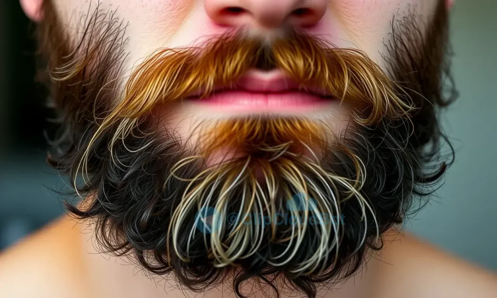 A close-up of a man's face with a full beard that appears thin or patchy despite good growth, showing individual hairs spaced apart, soft natural lighting, realistic skin texture, subtle shadows emphasizing sparse areas, no text or symbols, photorealistic style