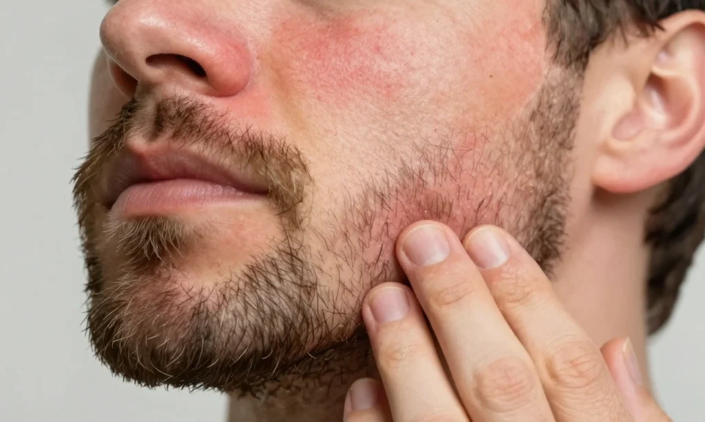 A close-up of a man's face with a beard, showing inflamed and reddened skin under the beard after washing, with a gentle hand washing the beard, highlighting the skin condition and a soothing, medical context.