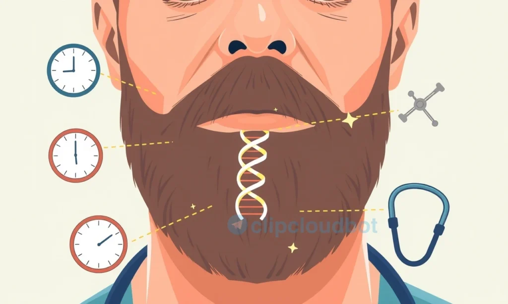 A close-up illustration of a man's face showing a beard that is slowly growing after age 35, with medical icons like a clock, DNA strand, and doctor's stethoscope surrounding it to represent factors affecting growth speed and medical methods to accelerate it