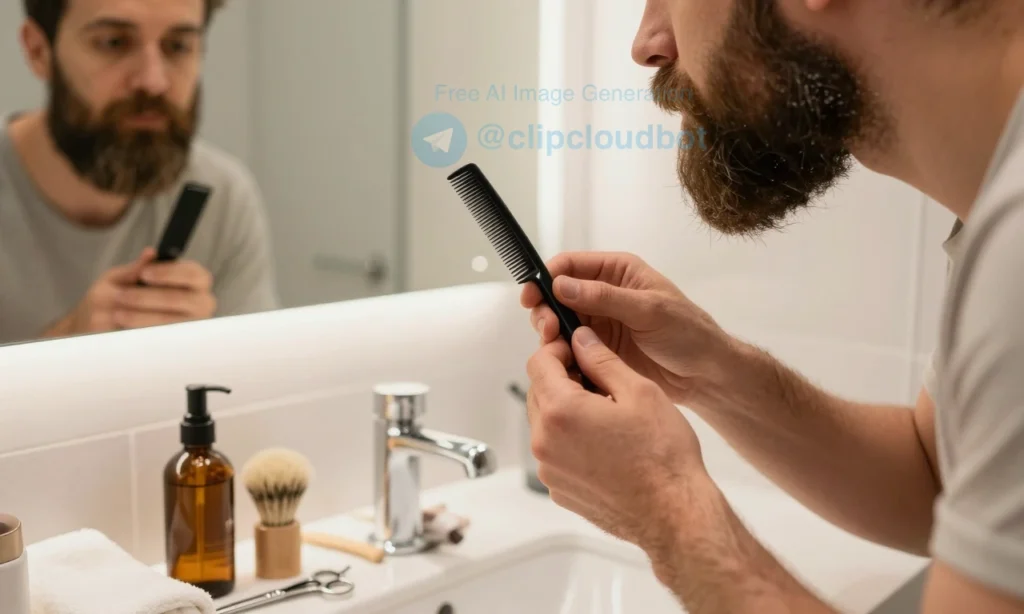 A close-up of a man in a modern bathroom, his beard visibly tangled and sticking out after sleep. He is standing before a full-length mirror, holding a beard comb and a bottle of beard oil. A small grooming kit with scissors, a beard brush, and a towel is neatly arranged on a countertop. The lighting is warm and natural, highlighting the texture of the beard and the reflective surface of the mirror. The scene conveys a quick morning grooming routine without any text or lettering.