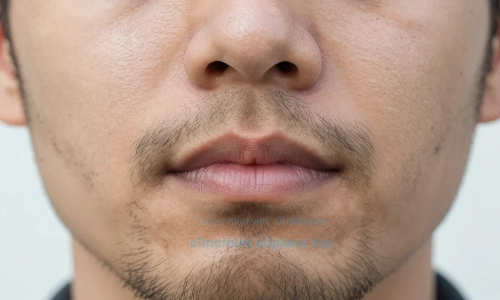 A close-up of a man's face showing patchy and uneven beard growth, with some areas having thick facial hair and others sparse or bare, natural skin texture visible, soft daylight lighting, realistic portrait style