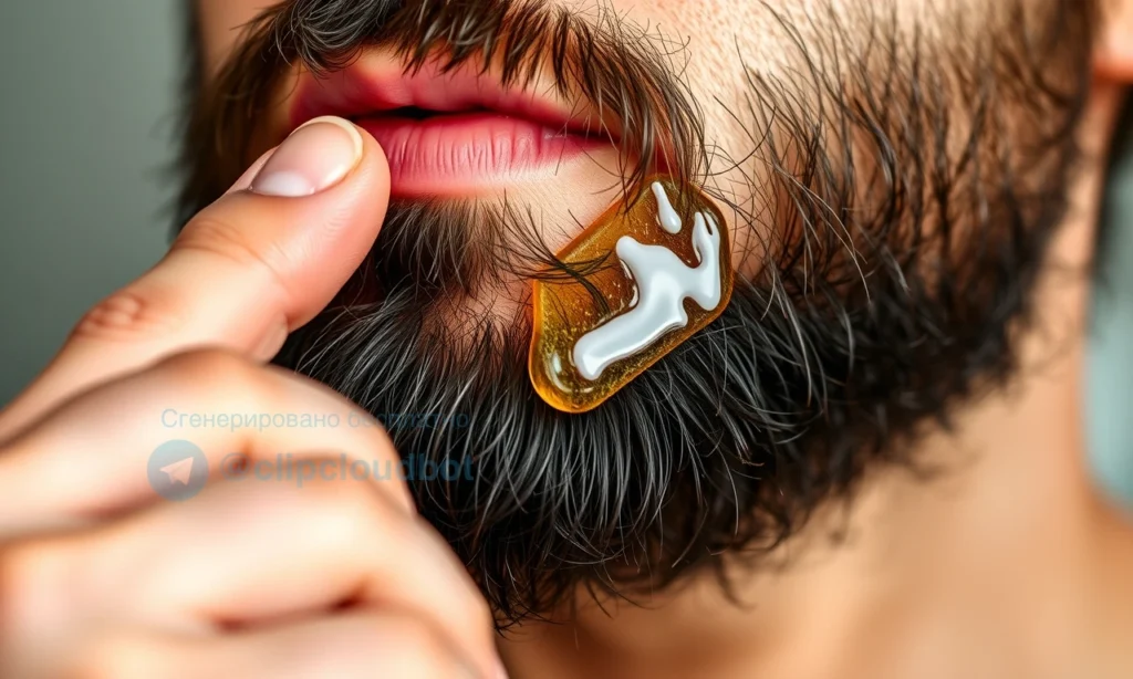A close-up of a well-groomed beard with natural hair oil being gently applied using fingertips, showing subtle shine and healthy texture, soft natural lighting, close-up skin and hair detail, no text, no labels, no packaging, no bottles visible, just the beard and hand interaction