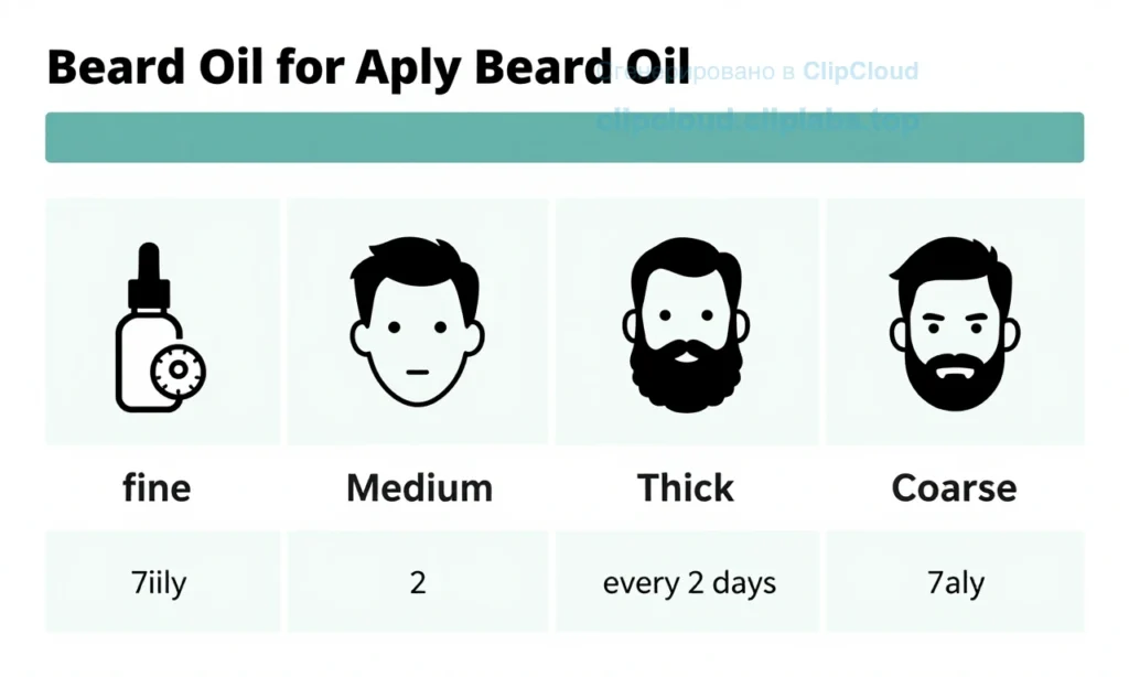A clear, easy-to-read table showing recommended frequency for applying beard oil based on different hair types, with simple icons or visual indicators for each type (e.g., fine, medium, thick, coarse) and time intervals (e.g., daily, every 2 days, weekly), presented in a clean infographic style with minimal text and high readability, HQ-1280-720-h