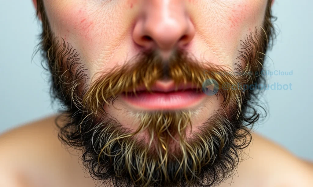 A close-up image of a man with a beard, focusing on the skin underneath. The skin should appear slightly irritated and dry, with subtle redness and flakiness. The beard should be well-groomed but not overly styled. The man should have a neutral expression, looking slightly downward to emphasize the area under the beard. The background should be simple and neutral, not distracting from the main subject.