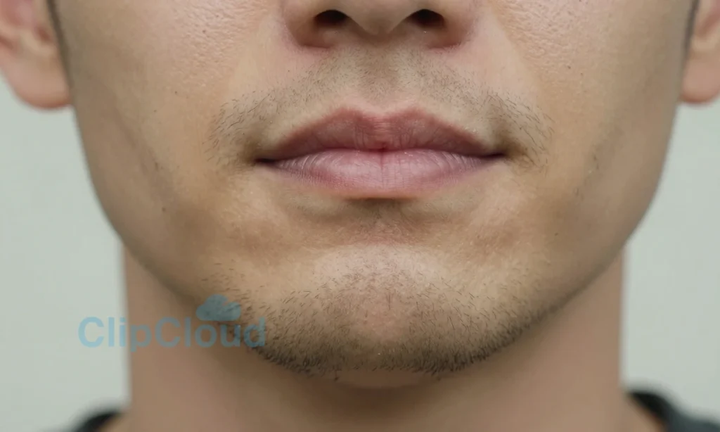 A close-up of a man's face showing early-stage beard growth with soft, slightly coarse stubble on the chin and jawline, natural skin texture, gentle lighting highlighting the follicles, no visible irritation or redness, realistic skin pores, subtle hydration effect suggesting beard oil or balm application, neutral background, shallow depth of field, photorealistic style