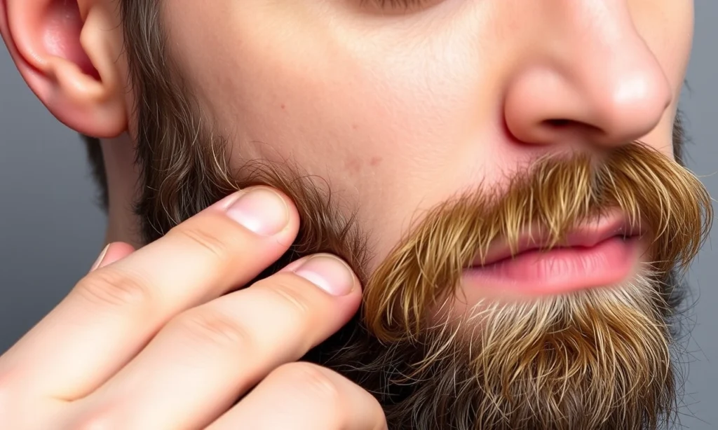 A close-up portrait of a man with a well-groomed beard, showing the skin underneath. The man appears to be gently touching or scratching his beard area, indicating discomfort or itchiness. The image should convey a sense of concern or curiosity about the skin condition. The background should be neutral and not distracting, focusing on the man's facial expression and beard.