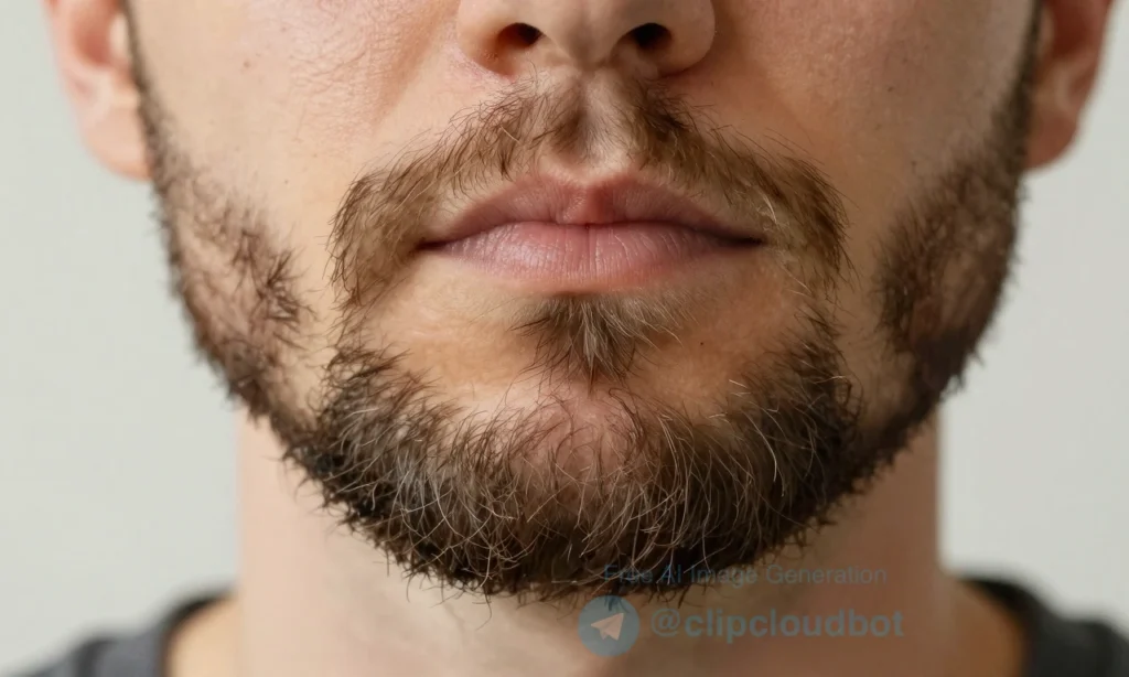 A close-up of a man's beard showing signs of brittleness and dullness — split ends, dry texture, lack of shine, with visible flaking and uneven growth, set against a soft neutral background to emphasize the beard's condition