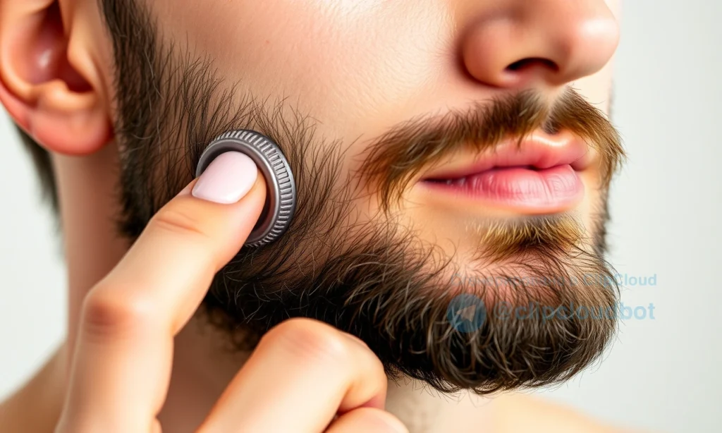 A close-up of a man with a healthy, well-groomed beard gently applying beard oil or balm, with a clean, calm facial skin background and soft lighting, no text or lettering