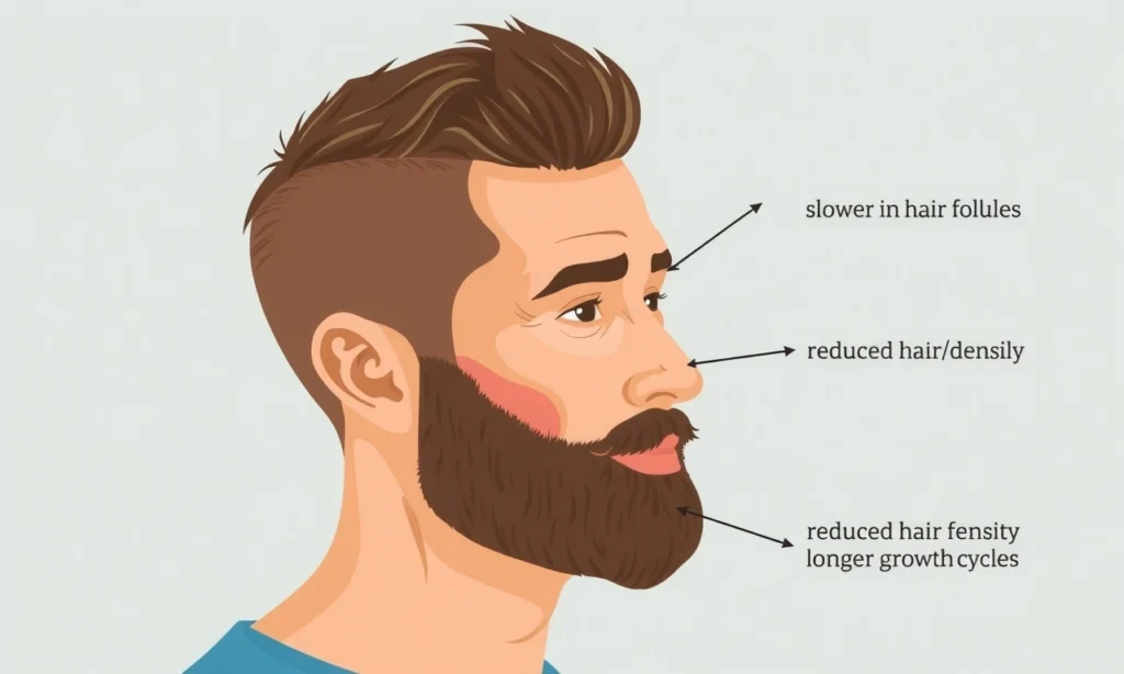 A realistic illustration showing a man over 35 years old with a beard that is visibly growing slowly, depicting the physiological changes in hair follicles and slower growth rate after age 35, with subtle visual cues like reduced hair density and longer growth cycles, in a clear, educational style suitable for a health article