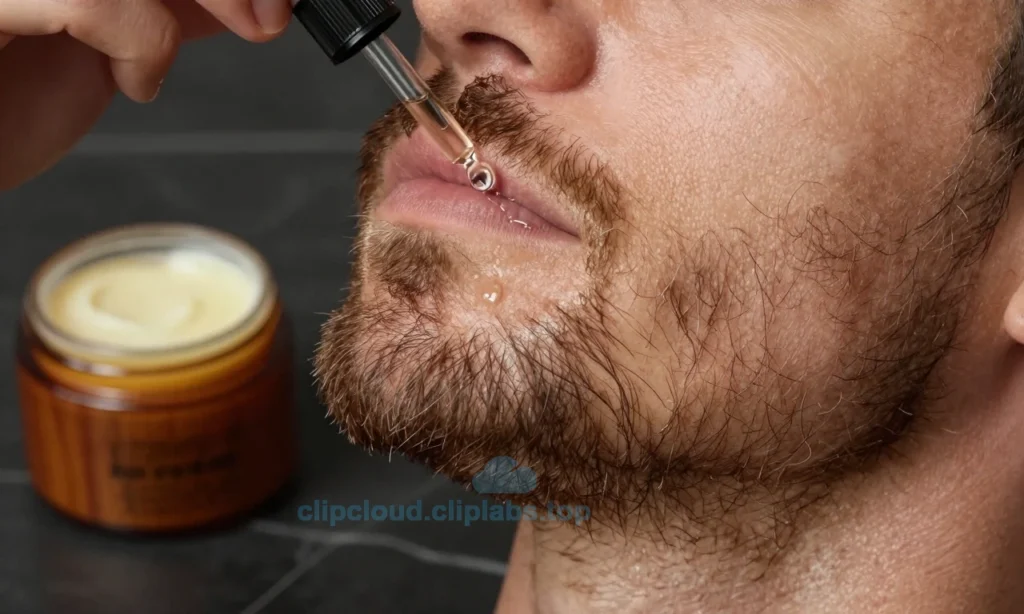 A close-up, high-resolution image of a well-groomed beard with visible texture and natural shine, showing a few drops of beard oil being applied from a glass dropper onto the facial hair, with a small wooden jar of beard wax placed nearby on a dark marble surface, soft natural lighting from the side, shallow depth of field, realistic skin and hair detail, no text, no labels, no logos, no people, no background clutter