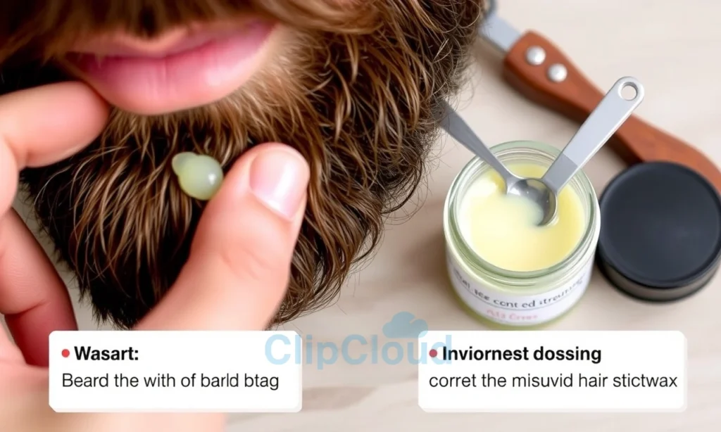 A close-up of a well-groomed beard with a small amount of beard wax being applied by a hand, showing a measuring spoon next to the wax jar, illustrating correct dosage to avoid hair sticking, with a subtle background of grooming tools