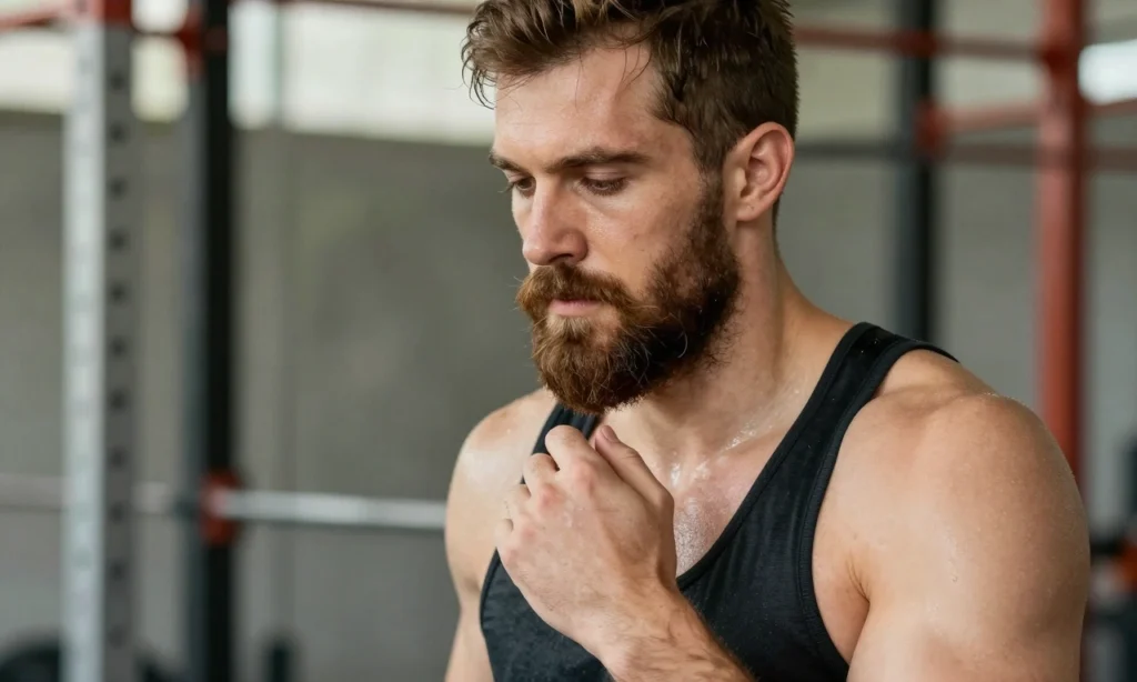 A man with a well-groomed beard engaged in a sports activity, such as running or weightlifting, showing how to maintain the beard despite sweating. The beard should look neat and healthy, with no signs of dirt or disarray. The background should be a gym or outdoor sports setting.