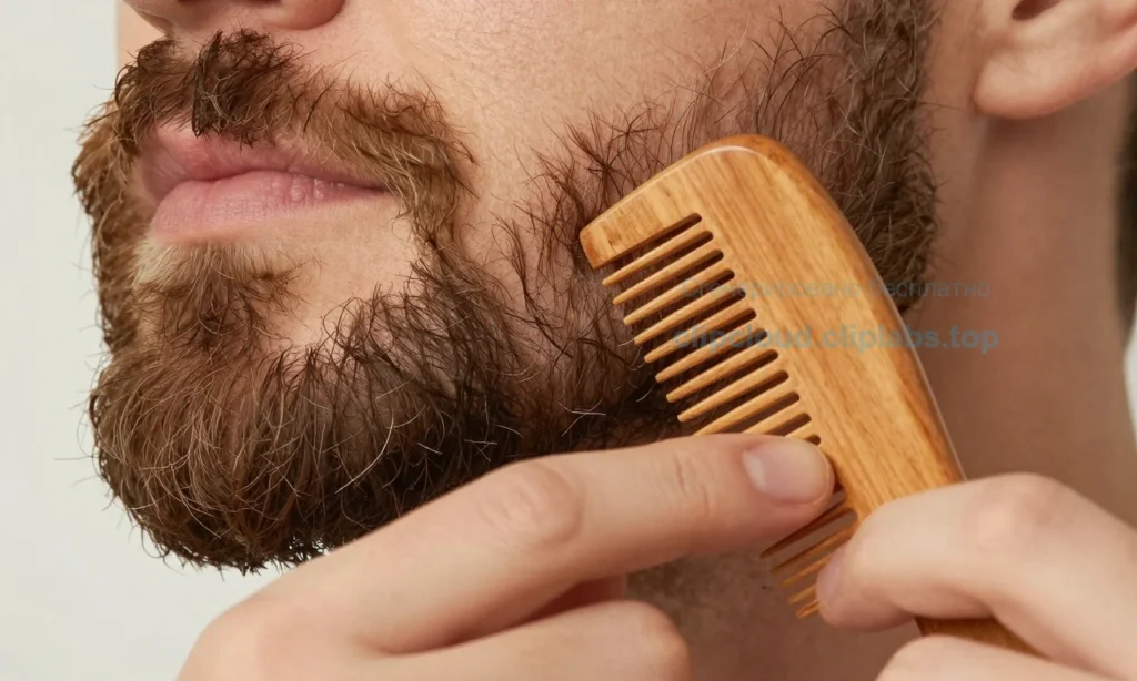 A close-up of a well-groomed beard with visible tangles and knots, being gently combed with a wooden beard comb and natural beard oil applied, soft natural lighting, realistic skin and hair texture, no text or symbols, no people's faces visible, only the beard and hands in frame