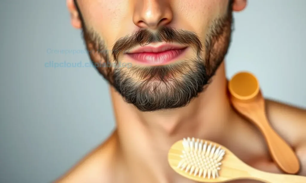 A close-up portrait of a man with a well-groomed beard, showing the darker skin tone under the beard compared to the lighter skin on the rest of his face; a subtle split-screen effect highlights the contrast, with skincare products such as a cream tube and a gentle exfoliating brush placed nearby, realistic lighting and high detail, conveying a routine to even out skin tone.