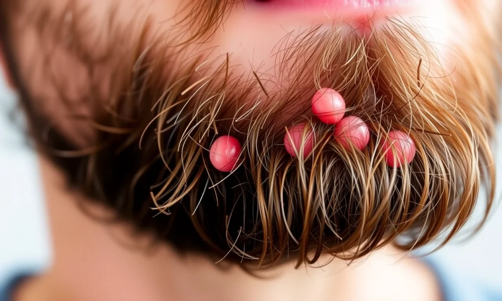 A close-up of a man's beard with visible ingrown hairs causing small red bumps and inflammation, showing skin irritation and hair follicles trapped beneath the surface, soft natural lighting, realistic skin texture, no text or symbols