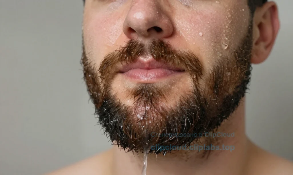 A close-up of a bearded man standing under a shower, water droplets on his face and beard, with visible flaking skin beneath the beard, a gentle, natural lighting, no background clutter, no text or symbols