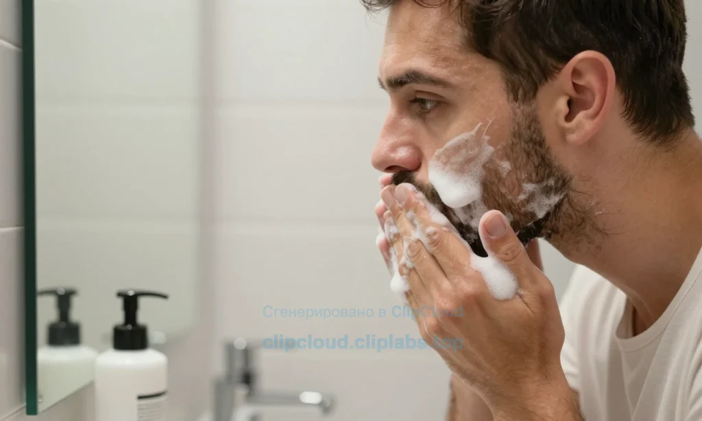 A close-up of a man with a well-groomed beard, showing slightly oily skin under the beard. He is standing in a modern bathroom with a clean, reflective mirror. He is gently washing his face with a soft, foaming cleanser, using a gentle circular motion. The scene includes a small, sleek bottle of cleanser, a soft towel, and a subtle, natural light source that highlights the skin’s texture and the beard’s softness. The overall mood is calm, balanced, and focused on proper skincare routine for oily