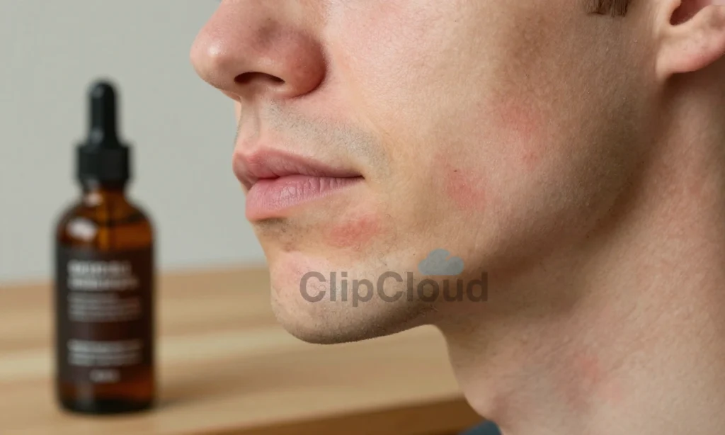 A close-up of a man's face showing mild skin redness on the chin and jawline after using beard oil, with a small bottle of beard oil nearby on a wooden surface, soft natural lighting, realistic skin texture, no text or symbols visible