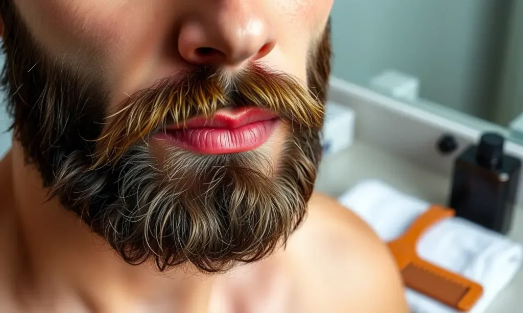 A close-up, high-resolution image of a well-groomed beard and mustache on a man's face, showing clean, healthy facial hair with no visible dirt, sweat, or residue. The skin beneath is smooth and irritation-free. Soft, natural lighting highlights the texture of the hair and skin. In the background, subtle elements suggest a grooming routine: a wooden beard comb, a small bottle of beard oil, and a clean towel folded neatly on a bathroom counter. No text, labels, symbols, or digits appear anywhere