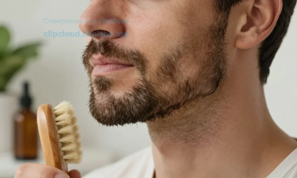 A close-up of a well-groomed beard on a man in his early 30s, showing healthy facial hair and smooth skin underneath, with subtle signs of aging like fine lines near the jawline, soft natural lighting, bathroom setting with a wooden beard brush, beard oil bottle, and a small potted plant in the background, warm and calming atmosphere, realistic skin texture and hair detail