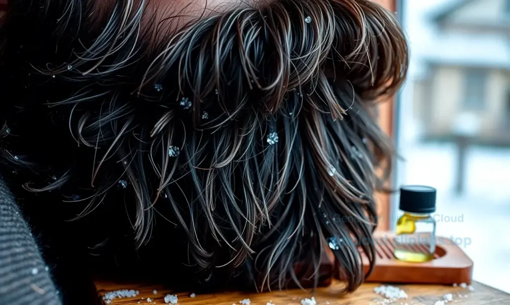 A close-up of a well-groomed beard in winter, showing healthy, moisturized facial hair with subtle frost on the tips, set against a soft snowy background. The beard is thick, dark brown or black, with natural texture and shine from beard oil or balm. A wooden beard comb and a small bottle of beard oil rest nearby on a rustic wooden surface. Warm indoor lighting contrasts with the cold outdoor atmosphere visible through a blurred window in the background.