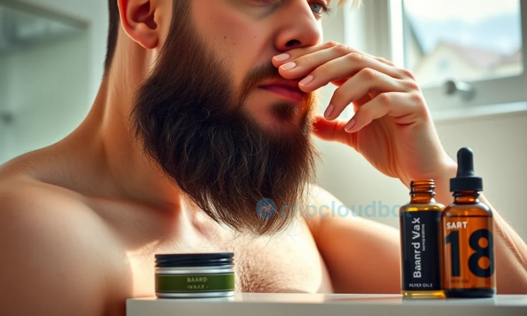 A well-groomed man with a full beard, standing in a modern bathroom with natural morning light from a window. On the counter beside him: a small tin of beard wax and a dropper bottle of beard oil. He is applying wax to his beard with his fingertips, focusing on shaping and hold. The scene is clean, realistic, and detailed — showing texture of beard hair, subtle skin pores, and the matte finish of wax versus the slight sheen of oil. No text, labels, or logos visible.