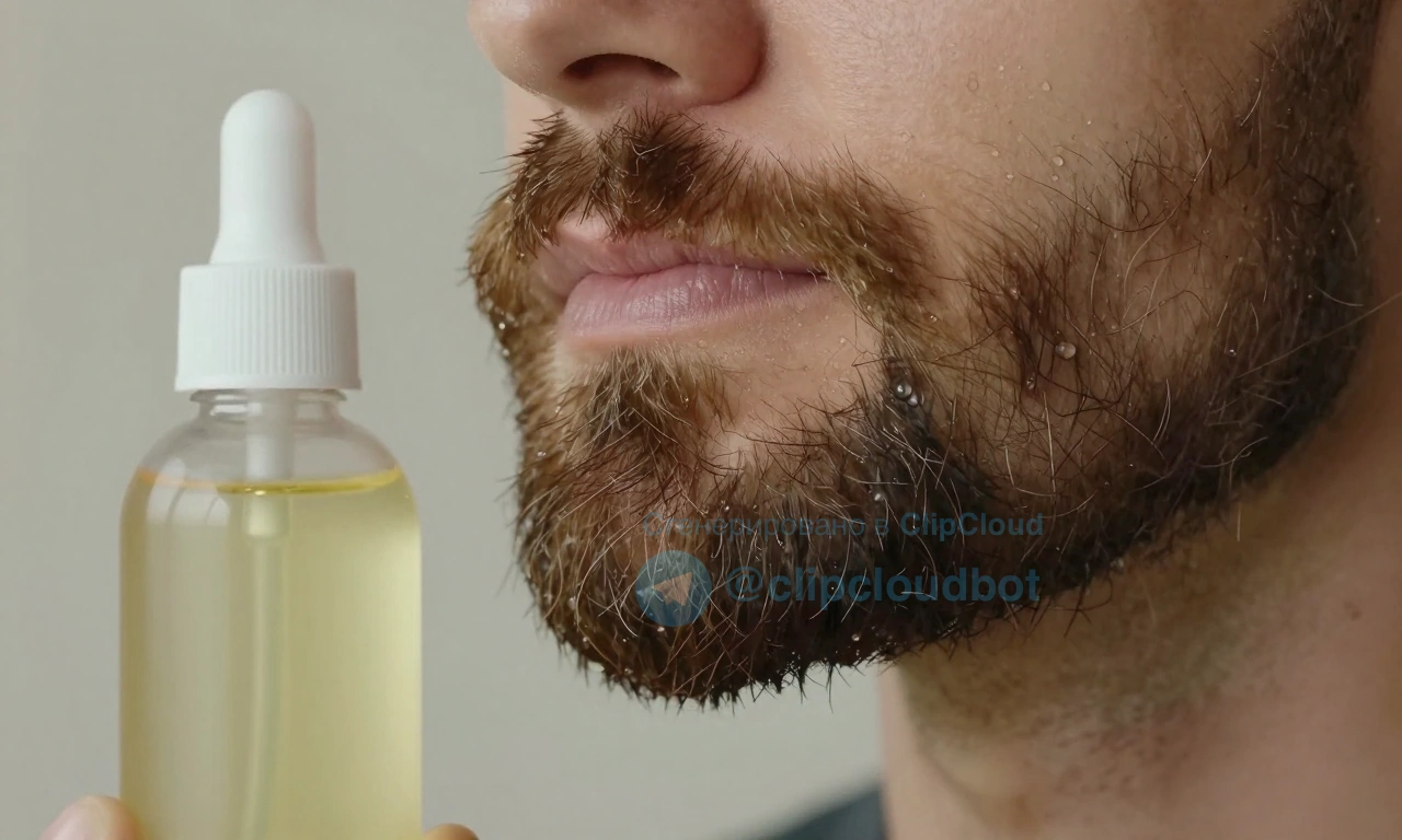 A close-up, realistic illustration of a well-groomed beard with a small, translucent bottle of hair oil beside it. The beard should appear soft and slightly glossy, with subtle oil droplets visible on the hair shafts. The background is neutral and blurred to keep focus on the beard and the oil bottle. The composition subtly contrasts the beard with oil against a slightly darker, dry beard on the other side of the frame, highlighting the difference in texture and shine.