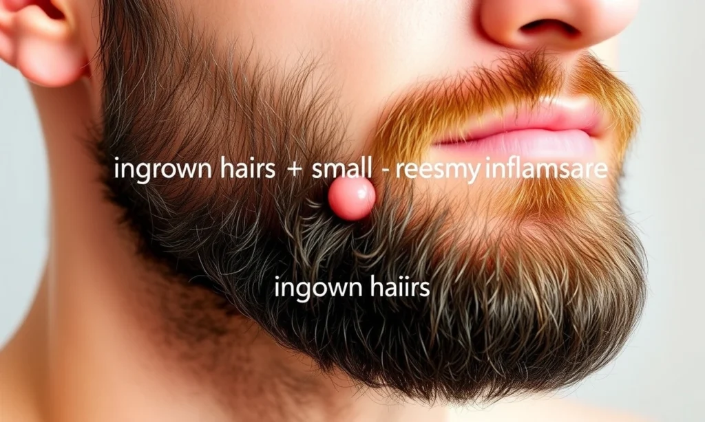 A close-up of a well-groomed beard with visible ingrown hairs causing small red bumps and mild inflammation, set against a soft neutral background, showing realistic skin texture and hair follicles in natural lighting, emphasizing the problem of ingrown hairs in facial hair care