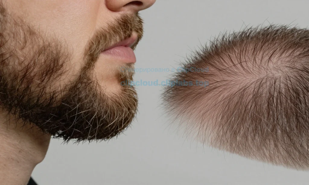 A close-up comparison of facial beard hair and scalp hair under soft natural lighting, showing the beard hair as thicker, coarser, and more wiry in texture, while the scalp hair appears finer and smoother; both strands are isolated on a neutral gray background with subtle shadows to emphasize texture differences, no text, no labels, no symbols, purely visual texture focus