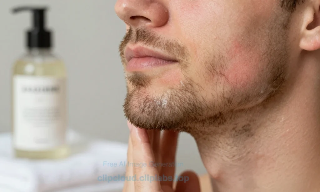 A close-up of a man's beard area showing mild redness and inflammation after washing, with a gentle hand washing motion in the background and a subtle, professional grooming product (like a beard oil or balm) placed beside a clean towel. The scene conveys expert care and skin health without any text or visible faces, focusing on the skin texture and soothing effect.