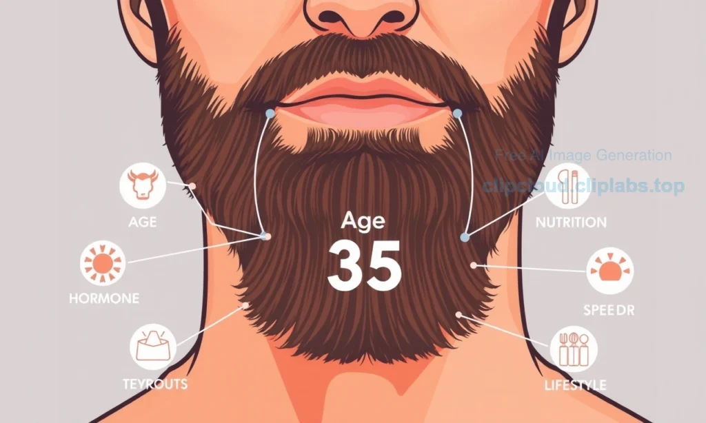A close-up illustration of a man's face showing a beard that is slowly growing after age 35, with visual indicators of factors affecting growth speed such as age-related skin texture, hormone symbols, nutrition elements, and lifestyle icons subtly integrated around the beard area, in a clear, detailed, and informative style