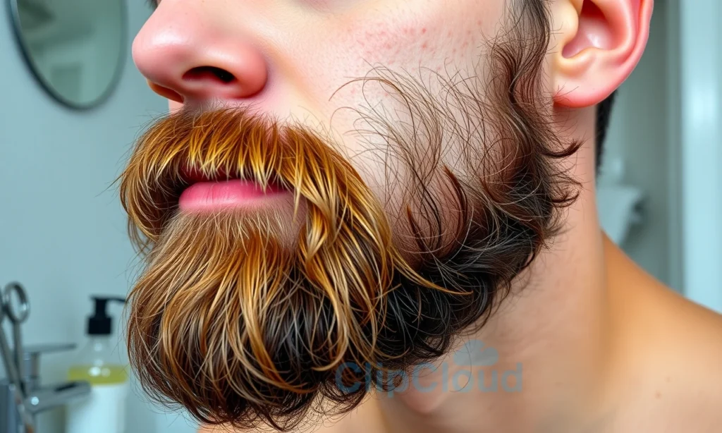 A close-up of a man's face with a beard that grows unevenly and crooked, showing a grooming setup with a beard comb, scissors, and a beard oil bottle, in a clean, modern bathroom setting, with natural lighting and a subtle background blur