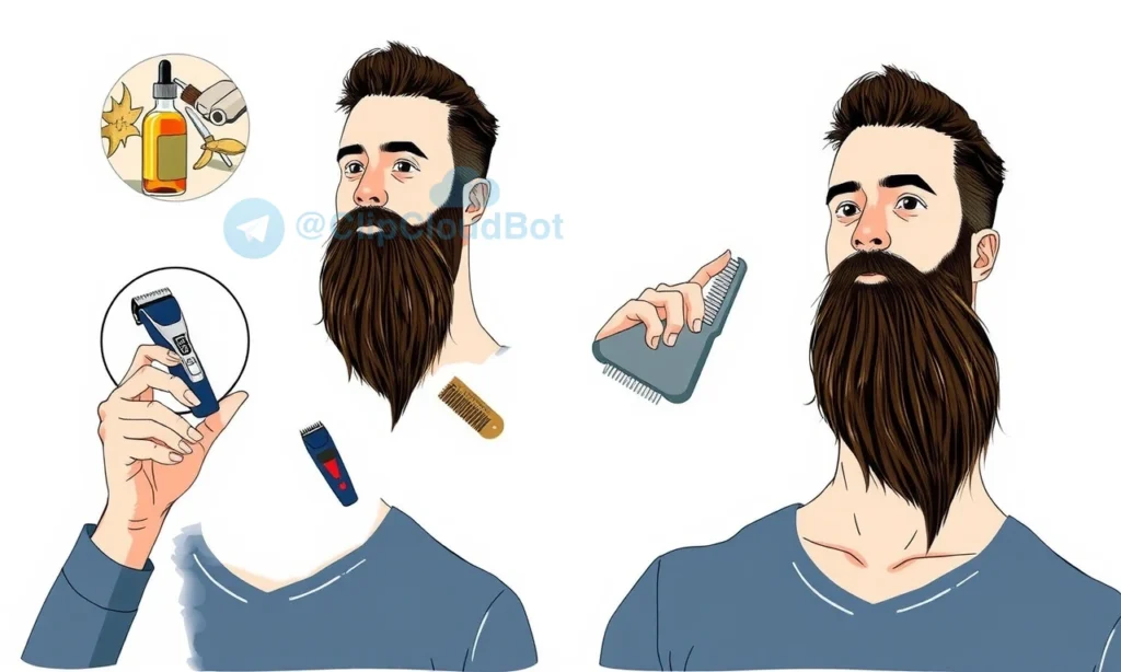 A detailed illustration of a man with a long beard that is growing downward and lacks volume. The image should show various techniques and tools used to style and shape the beard, such as beard oils, combs, and trimmers. The man should be depicted in a well-lit setting, possibly in front of a mirror, to highlight the process of grooming and shaping the beard.