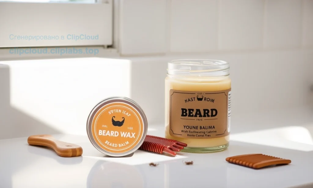 A clean, well-lit bathroom counter with two side-by-side grooming products: a small tin of beard wax on the left and a glass jar of beard balm on the right. Both products have natural, earthy labels with minimalist design — wax shows a matte finish and slightly textured surface, balm appears creamy and smooth. A wooden beard comb and a few stray beard hairs lie nearby. Soft morning light streams from a window, casting gentle shadows. No text, logos, or visible brand names on the products. Style: