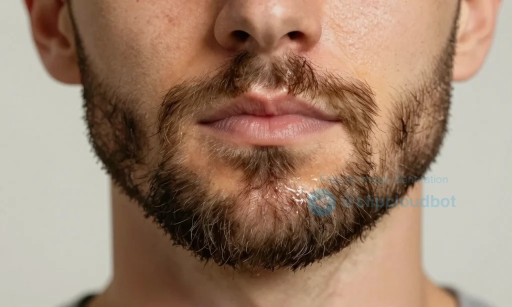 A close-up of a man's beard with a visible oily sheen, highlighting the issue of beard oil not absorbing properly. The beard should appear well-groomed but with a noticeable greasy texture. The background should be neutral and not distracting, focusing on the beard and the problem at hand.