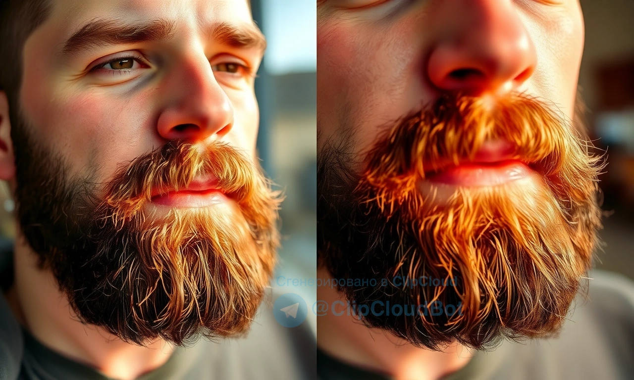 A close-up of a well-groomed man's beard, split-screen composition: left side shows beard with wax applied, appearing slightly matte and structured; right side shows beard with oil applied, appearing glossy and soft. Morning light on the left, evening warm ambient light on the right. No text, no labels, no products visible — only the beard and lighting differences.