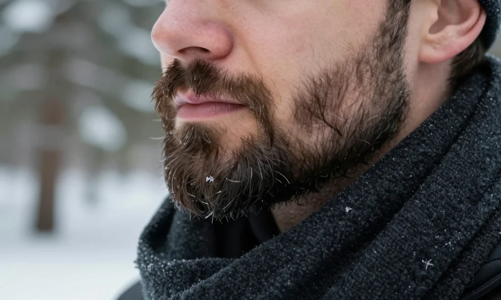 A close-up of a well-groomed beard in winter, showing healthy, moisturized facial hair with subtle frost on the tips, soft natural lighting, a man's jawline and neck visible, wearing a dark wool scarf partially covering the lower face, background blurred with snowy pine trees and soft winter haze, emphasizing beard texture and hydration, no text, no logos, no products visible