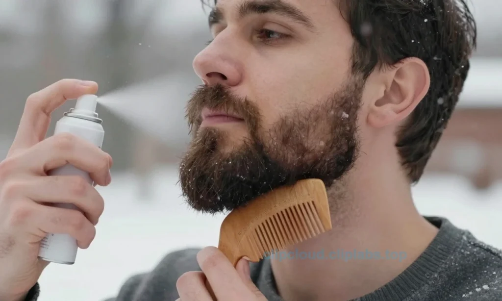 A close-up portrait of a man with a well-groomed beard standing outdoors in a snowy winter setting. He is gently brushing his beard with a wooden beard comb while a subtle, soft glow of a handheld anti-static spray wand hovers above his beard, indicating the removal of static. The background shows a faint blur of snowflakes falling and a muted winter landscape, with warm, natural lighting highlighting the beard's texture and the gentle motion of the comb. No text, logos, or symbols are present.