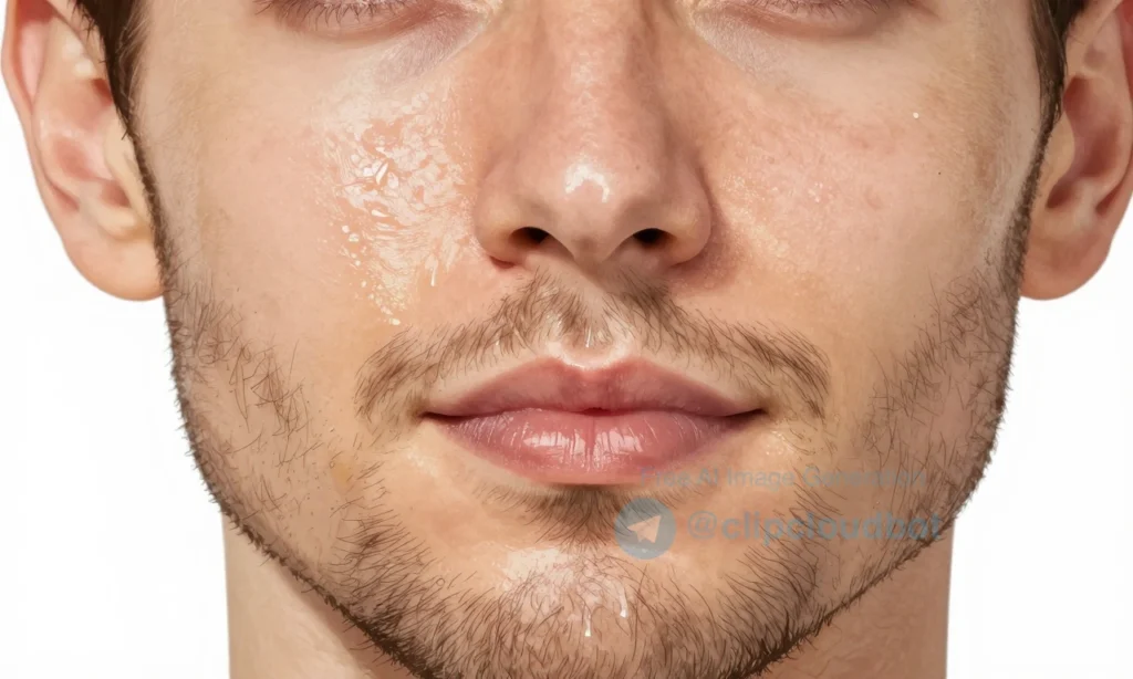 A close-up illustration of a man's face showing oily skin under a beard with visible shine, demonstrating proper skincare balance, clean lines, clear details, no text, no numbers, no letters, no digits, no extra elements, focused on skin texture and beard area