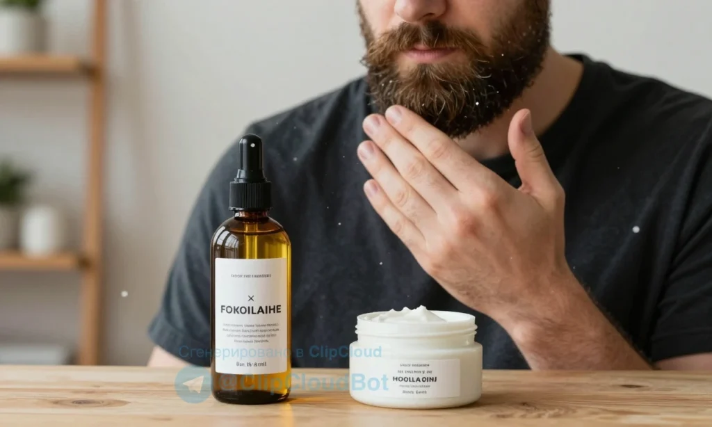 A winter scene featuring a man with a well-groomed beard applying natural beard oil and balm to reduce static, with a bottle of oil and a small jar of balm prominently displayed, surrounded by subtle snowflakes and a cozy indoor setting