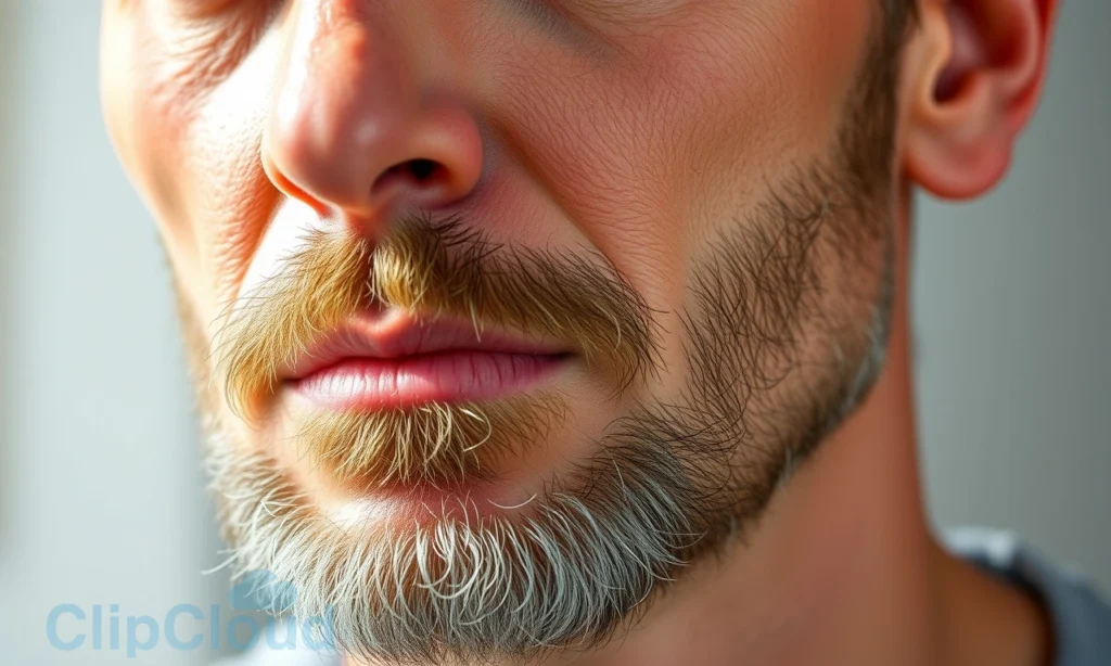 A close-up illustration of a man in his late 30s to early 40s with a thin, patchy beard growing slowly on his chin and cheeks, showing sparse hair growth after age 35, with a thoughtful expression, soft natural lighting, detailed skin texture, and subtle signs of aging like fine lines, representing the concept of slow beard growth after 35