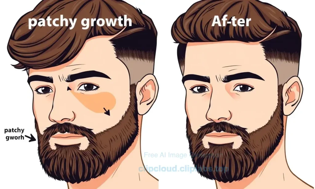 A close-up illustration of a man's face showing beard growth in uneven patches and clumps, with arrows pointing to problem areas and text labels indicating 'patchy growth' and 'uneven growth', showing a before-and-after comparison where the after side displays a full, even, and dense beard, clean background, clear and simple visual guide