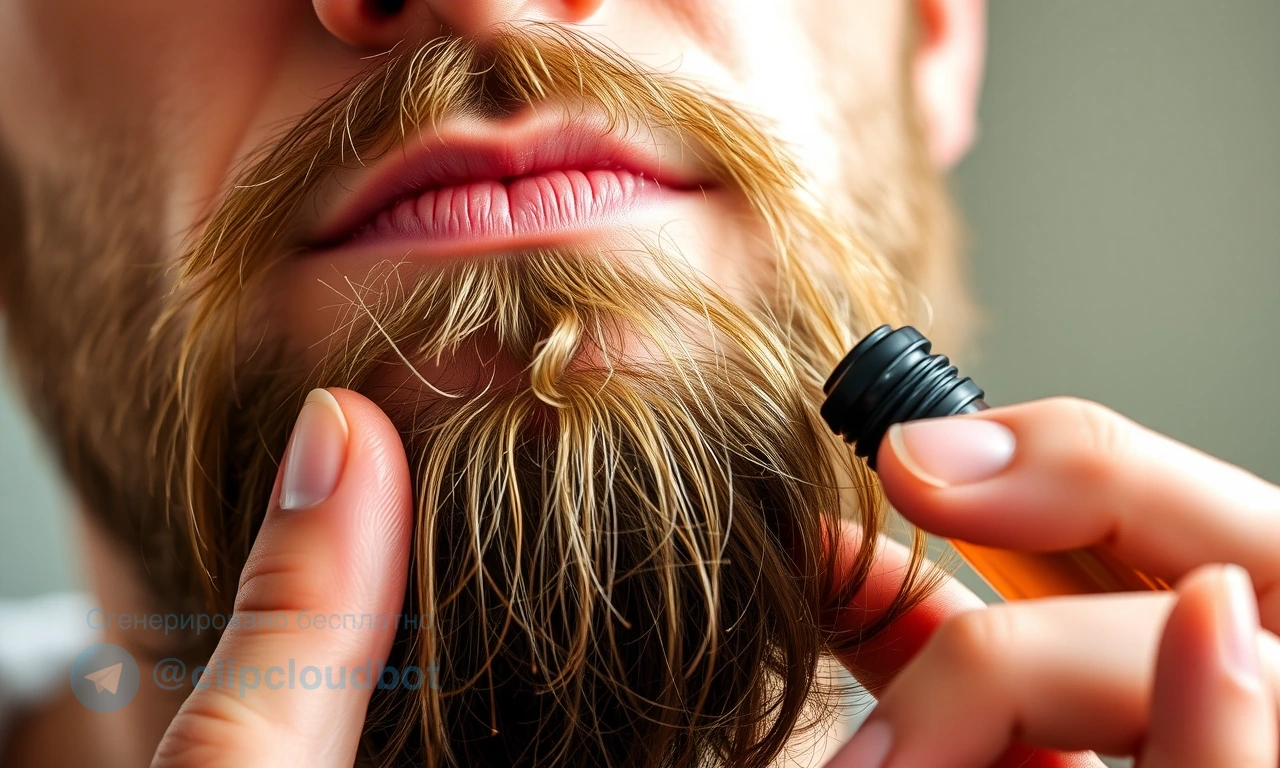 A close-up of a well-groomed beard with split ends being treated by a man applying beard oil using his fingertips, soft natural lighting, focus on the hair texture and care process, no scissors or cutting tools visible, realistic skin and facial hair detail, warm tones